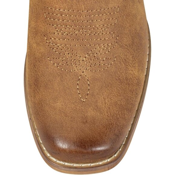 Women's Tan Square Toe Mid Calf Shoes Pull On Fashion Embroidered Western Boots - Picture 4 of 9